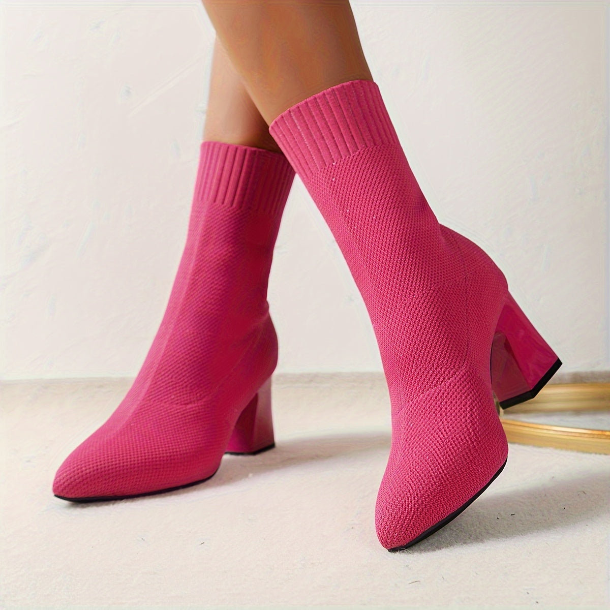 Women's Solid Color Chunky Heel Boots Casual Point Toe Slip On Dress