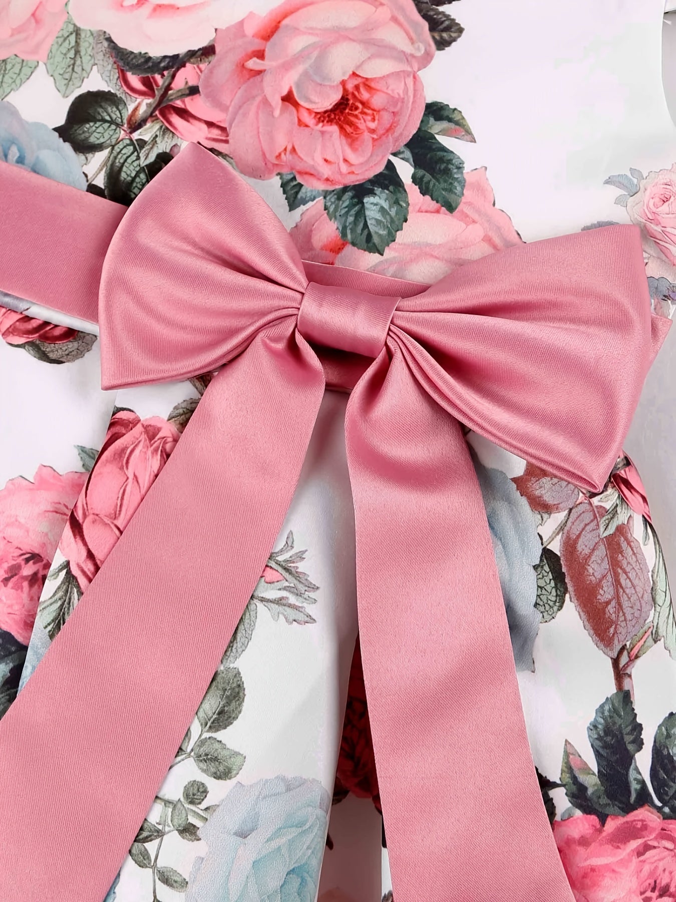 Girls Floral Print Midi Dress with Bowknot and Lace-up Details for Elegant Kids