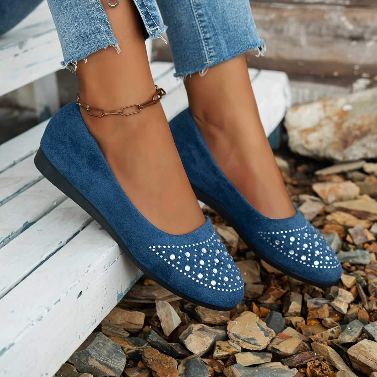 Women's Navy Blue Velvet Flats with Rhinestones for Casual Walking