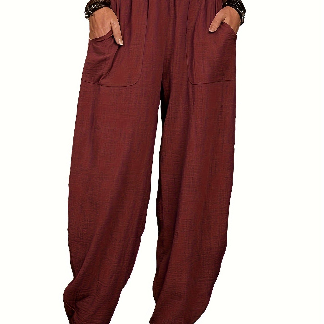 Plus Size Polyester Harem Pants with Elastic Waist Pockets for All Seasons