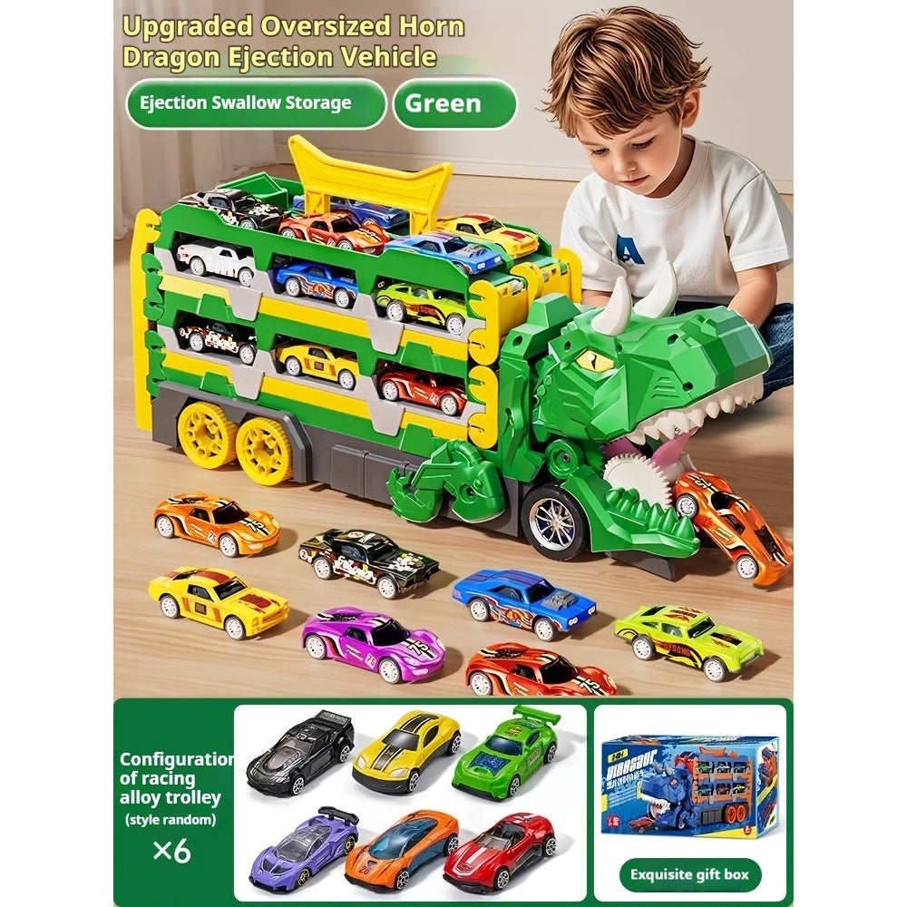 3-in-1 Dinosaur Transformer Truck Playset with 6 Mini Cars and Dual Track Racing