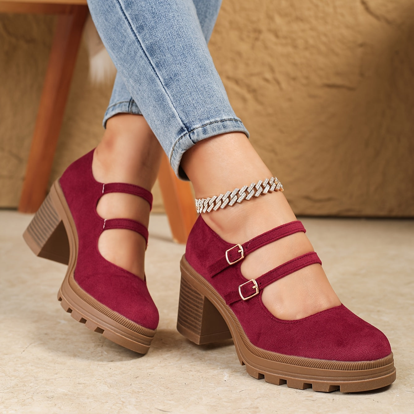 Women's Retro Chunky Heel Mary Jane Dance Shoes Beige Platform Slip-On Loafers