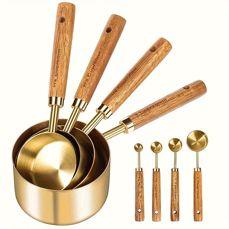 Set of 4 Stainless Steel Measuring Cups and Spoons with Wood Handles