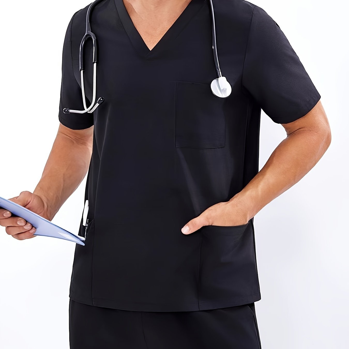 Men's Summer V-Neck Workwear Set Short Sleeve Shirt Pants Polyester Solid