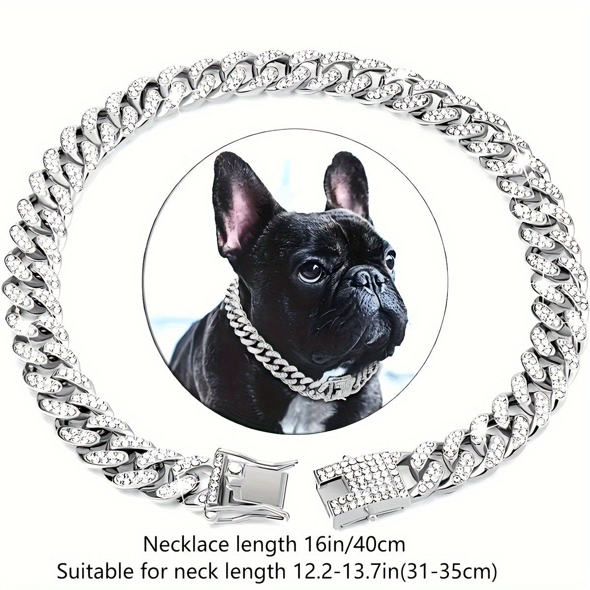 Dog Collar with Rhinestones Cuban Link Stainless Steel 13mm Wide Adjustable