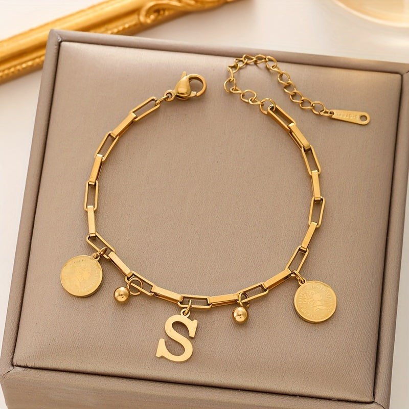Women’s Golden Stainless Steel Hip-Hop Style Bracelet with "S" Letter and Round Charms