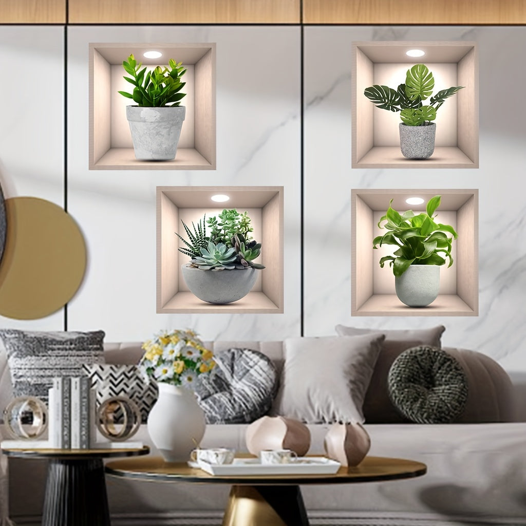 Set of 4 Green Potted Plant Wall Decals Waterproof Removable PVC Stickers for Home Office Room