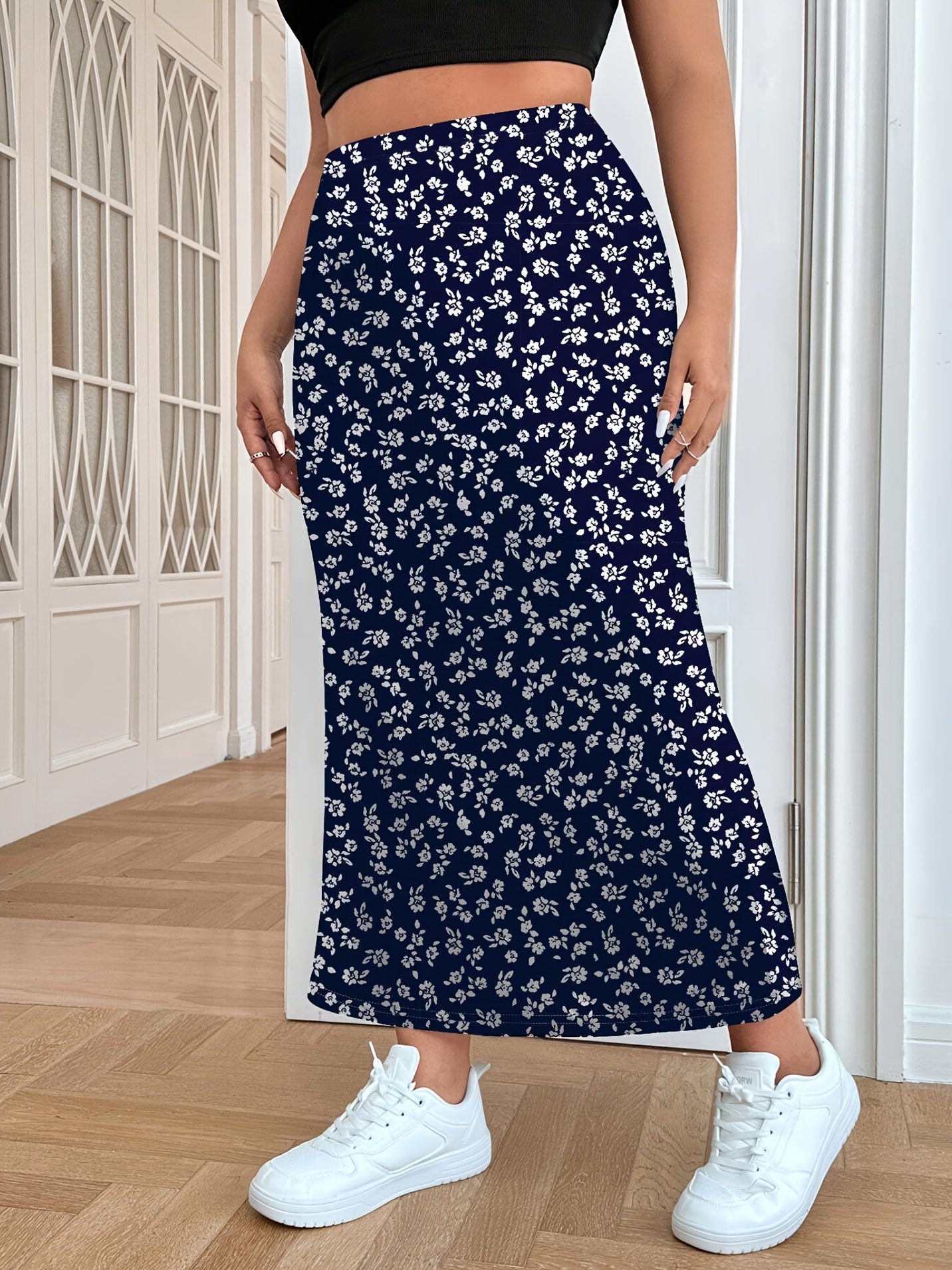 Women's Plus Size Elegant Floral A-Line Midi Skirt with High-Waisted Split Hem Navy Blue Ditsy Print