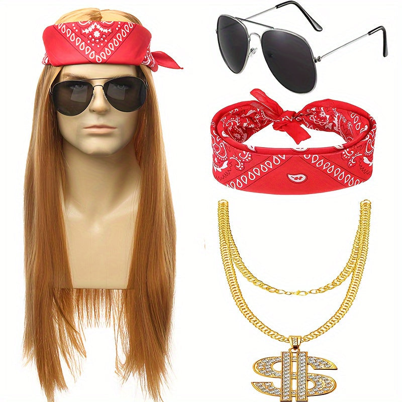 Punk Costume Wig with Straight Fiber Hair, Bandana, Glasses, Tattoo Sleeves