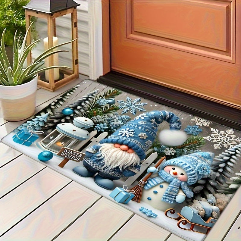 Blue Flannel Christmas Gnome Door Mat Non-Slip Stain-Resistant 1.2cm Thick
