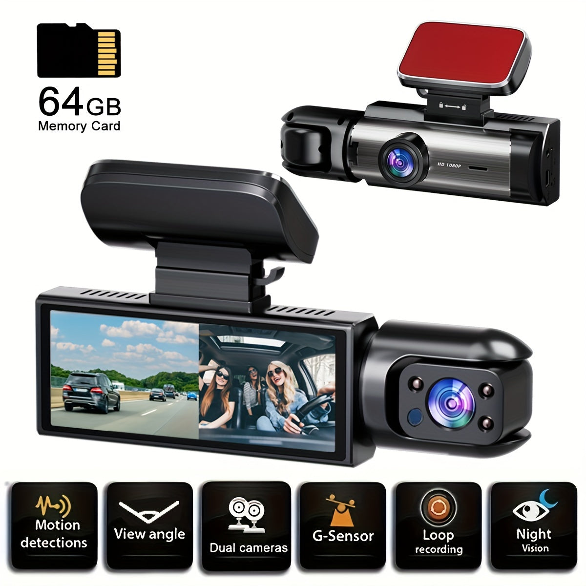 Dual-Channel 3.16-Inch Car Dash Cam Front and Interior Recording
