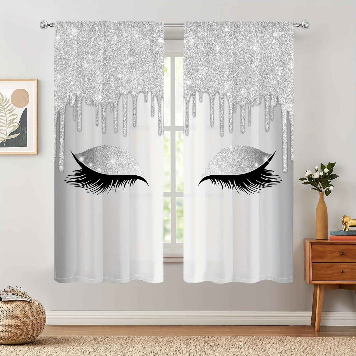 Set of Two Eyelash Printed Curtains, Rod Pocket Window Treatments for Bedroom and Living Room