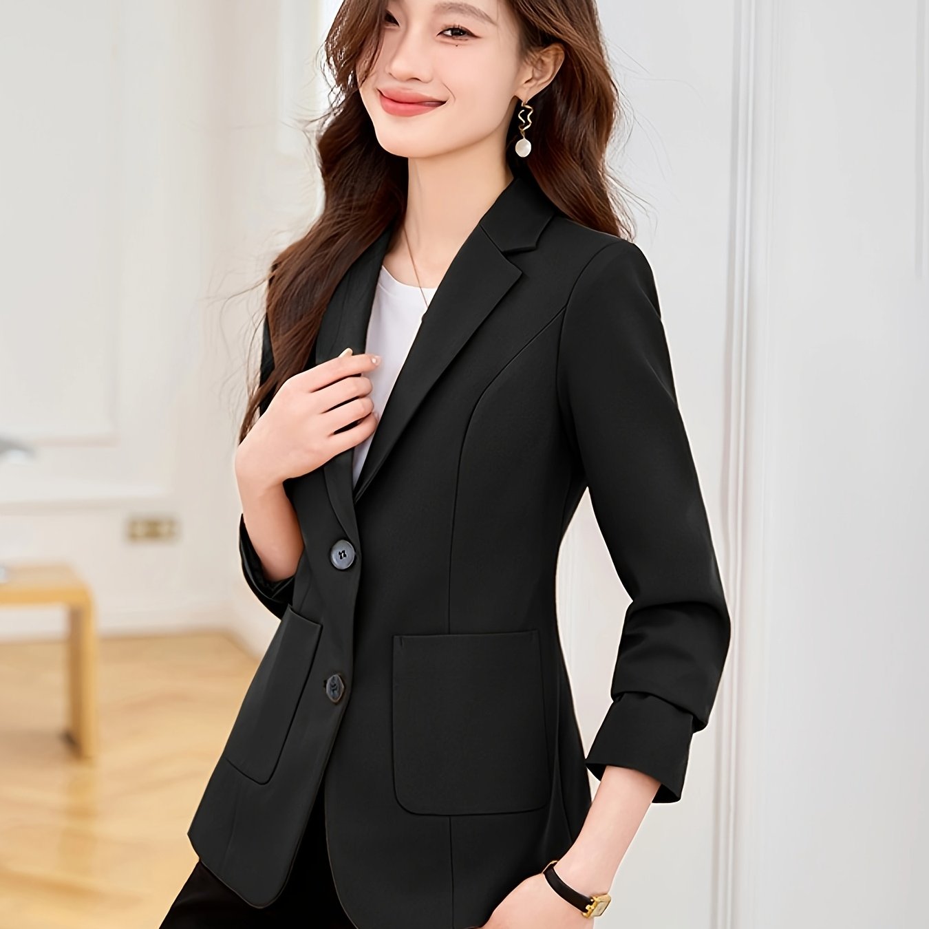 Women's Black Korean Style Blazer Casual Single-Breasted Jacket with Lapel