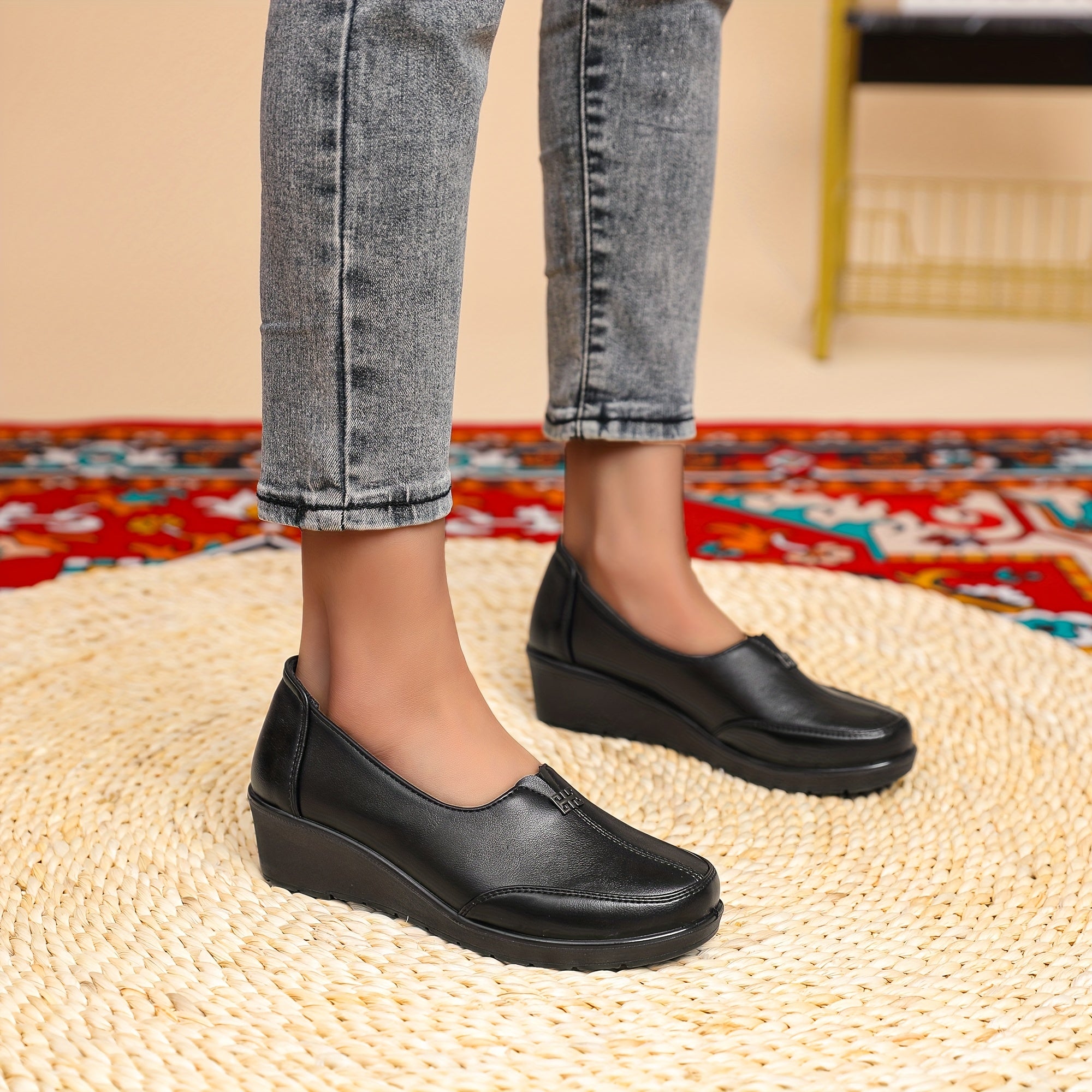 Women's Synthetic Slip-On Loafers with Wedge Heel - Casual Comfortable Flats