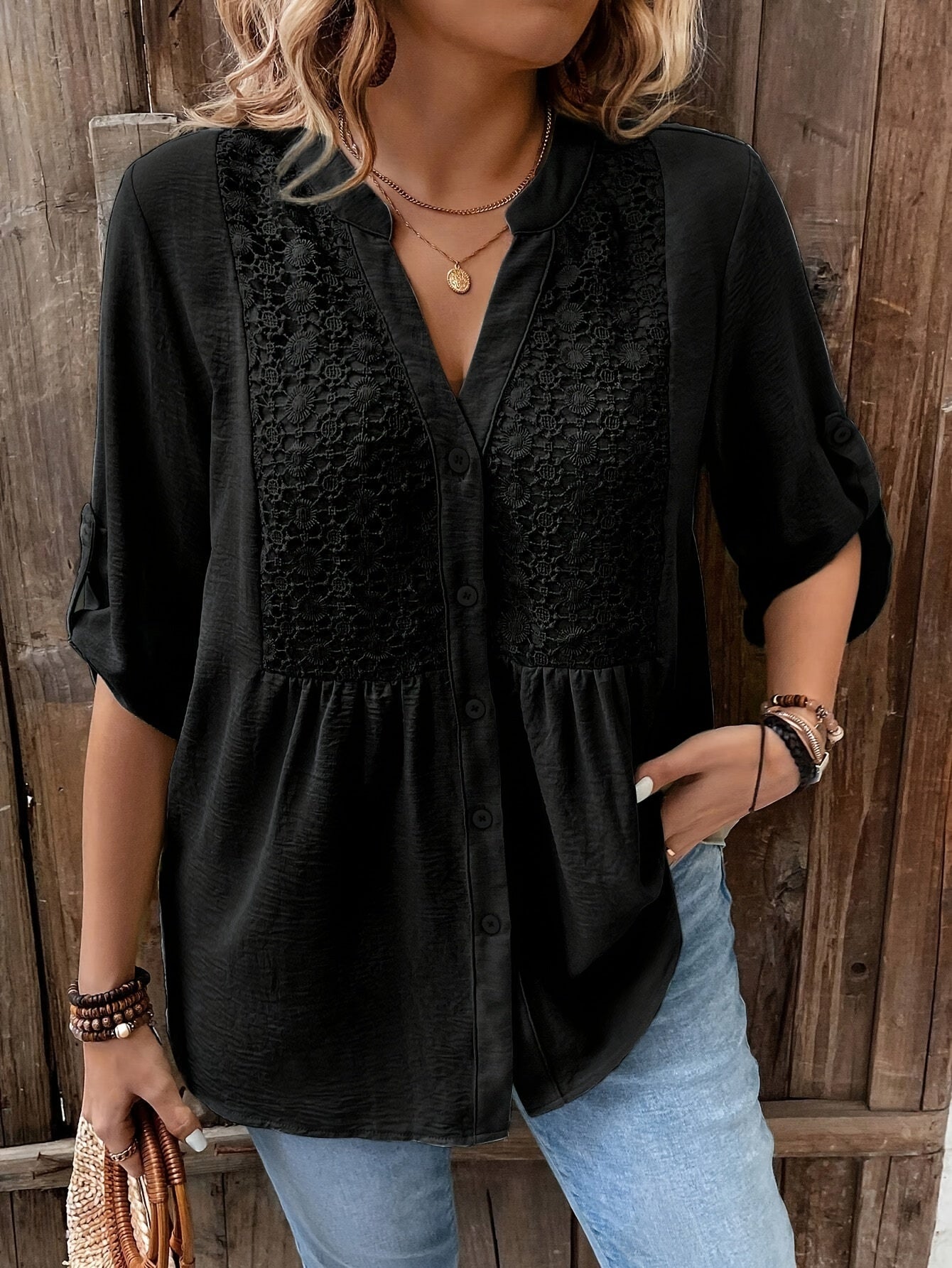 White Plus Size V-Neck Lace Blouse for Women Lightweight Polyester Casual Spring Summer Fall