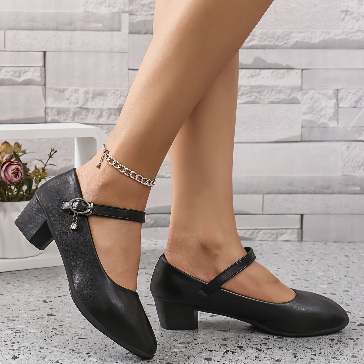 Women's Solid Color Chunky Block Heels with Pointed Toe and Buckle Strap