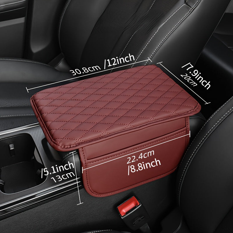 Red PU Leather Car Armrest Pad with Quilted Design and Storage Pocket