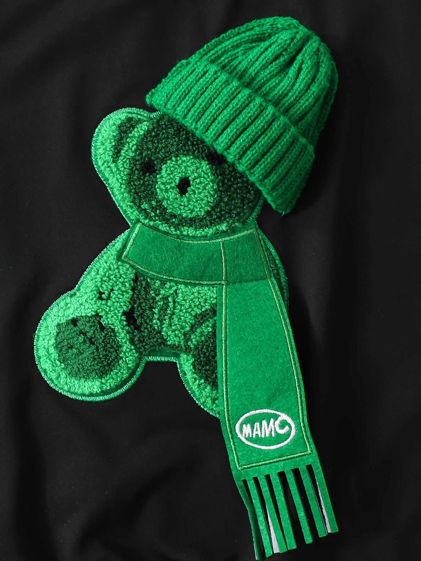 Boys' Two-Piece Outfit with Bear Print Hat, Black Sweatshirt and Green Trousers