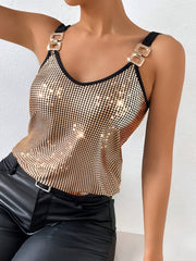 Top de tirantes con lentejuelas doradas para mujer con tirantes negros, escote en V, de poliéster para todas las estaciones