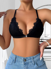 Women's Solid Color Lace-Up Nylon Lingerie Bra with Lace Splicing