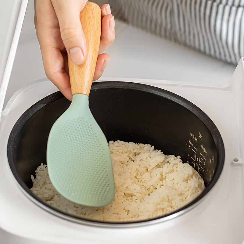 Heat Resistant Silicone Cooking Spoon with Wooden Handle for Non-Slip Kitchen Use