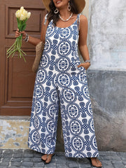 Women Polyester Sleeveless Jumpsuit with Blue White Mandala Print