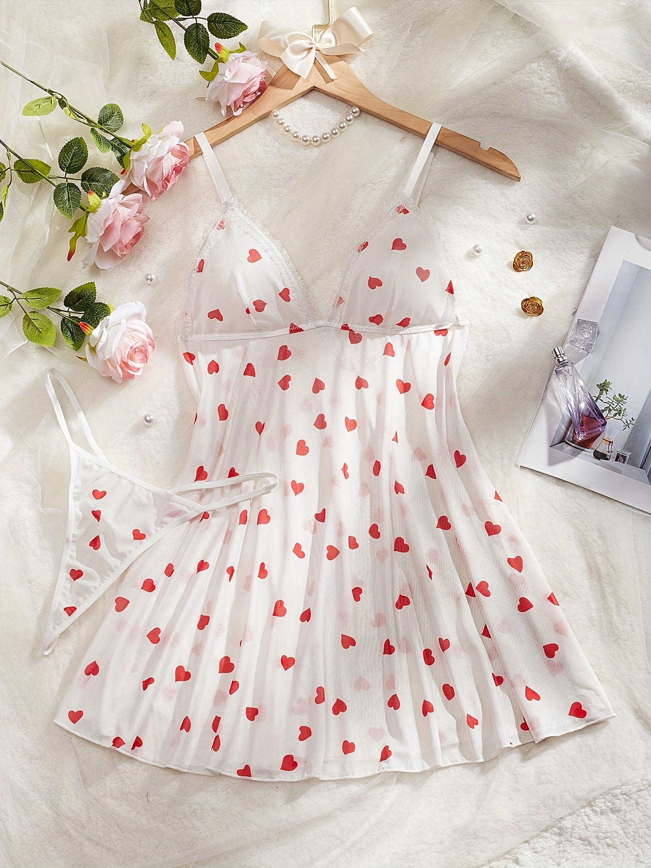 Women's Heart Print Nightgown Set with Matching Thong for Romantic Evenings