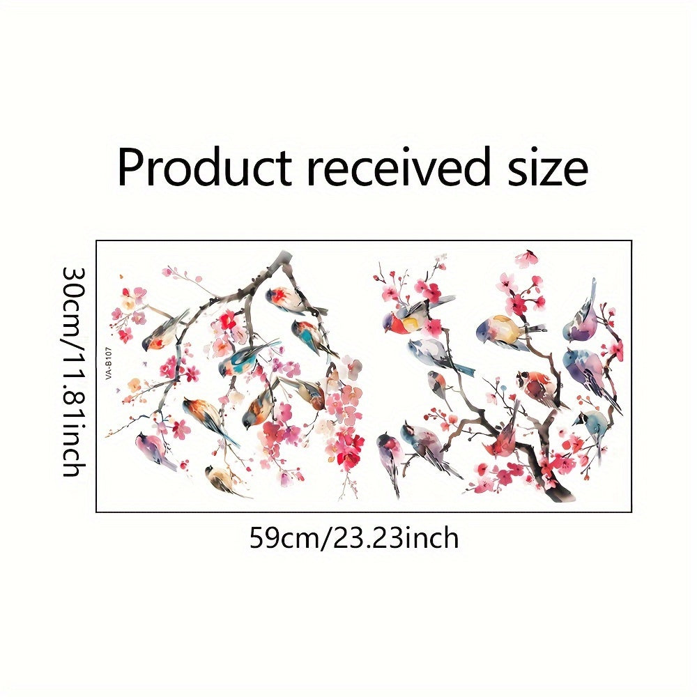 Uyingizni qushlar va gullar bilan suv rangidagi daraxt shoxlari bilan bezang - O'chiriladigan shisha deraza stiker - O'lchami 59 sm x 23.23 dyuym