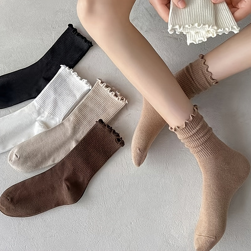 Women’s Knee-High Socks 6 Pairs Breathable Mid Tube Lettuce Trim Cotton Blend