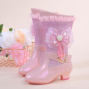 Botines de invierno para niñas con forro de terciopelo, decoración de lazo y suela de goma