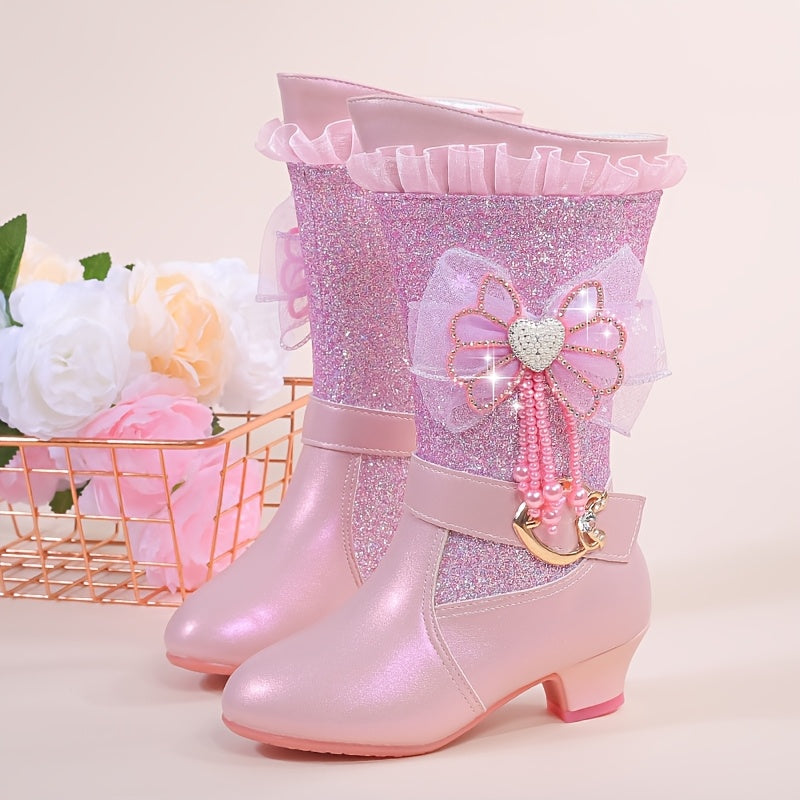 Botines de invierno para niñas con forro de terciopelo, decoración de lazo y suela de goma