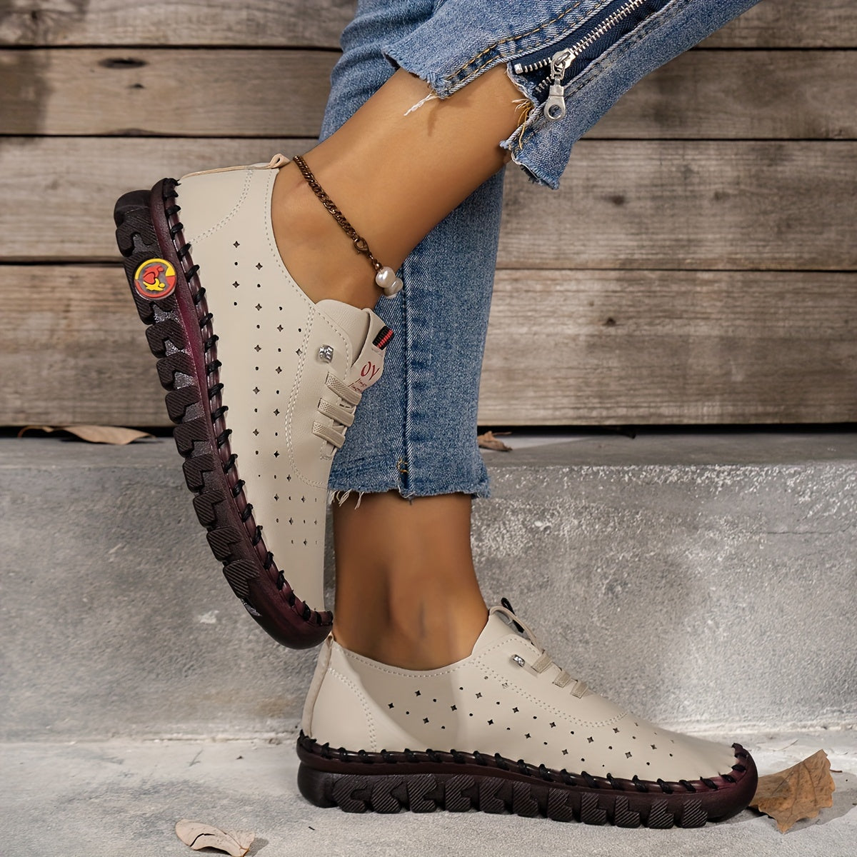 Women's Breathable Flat Sneakers with Hollow Out Design and Solid Color Lace-Up Shoes