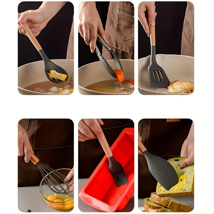 Set of 12 Silicone Kitchen Utensils with Wooden Handles Non-Stick Washable