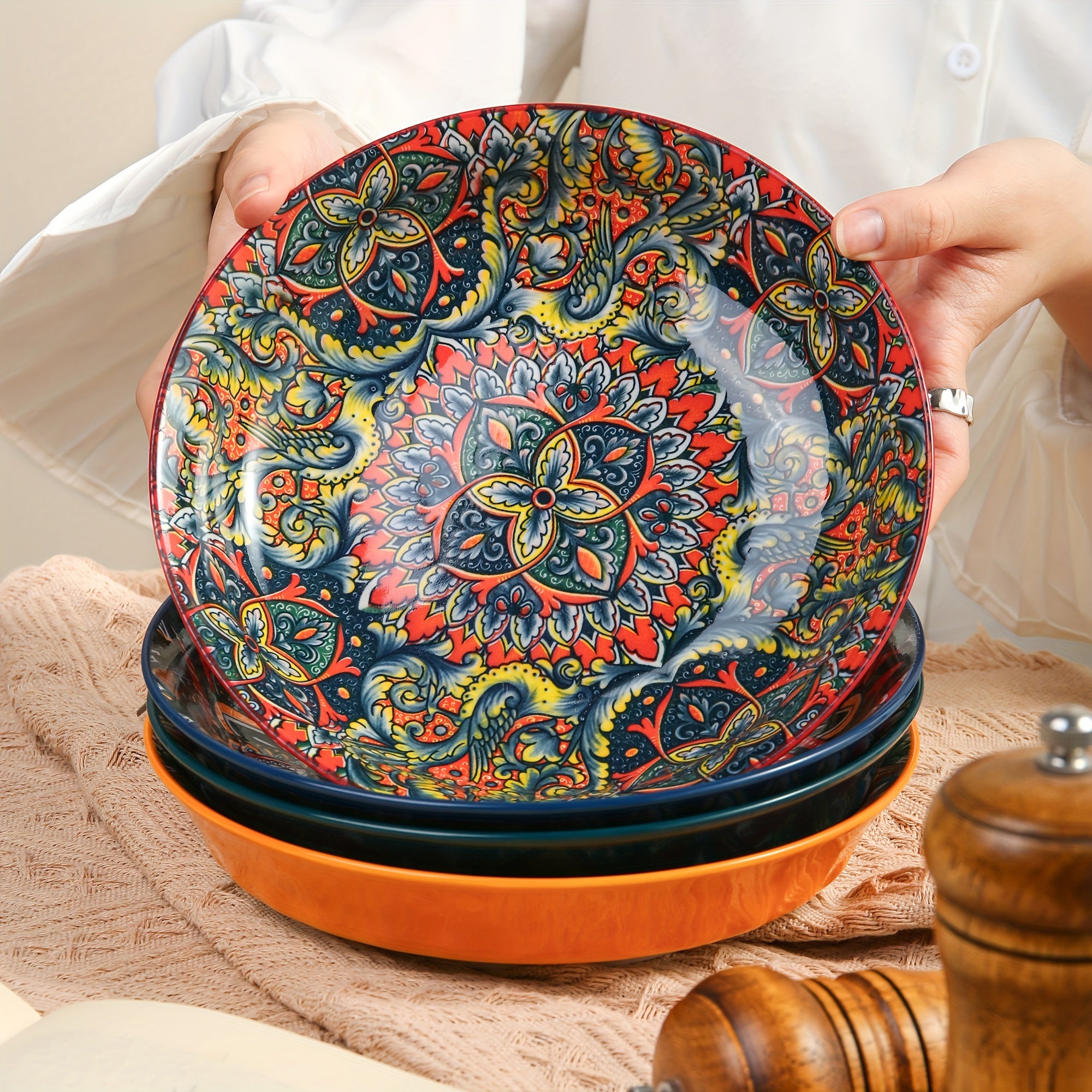 8-Inch Bohemian Ceramic Dinner Plate Microwave Safe for Home and Restaurant Use