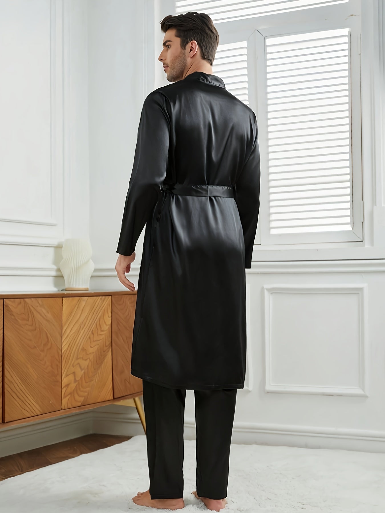 Men's Solid Color Woven Robe Set with Belt Long Sleeves V-Neck Casual