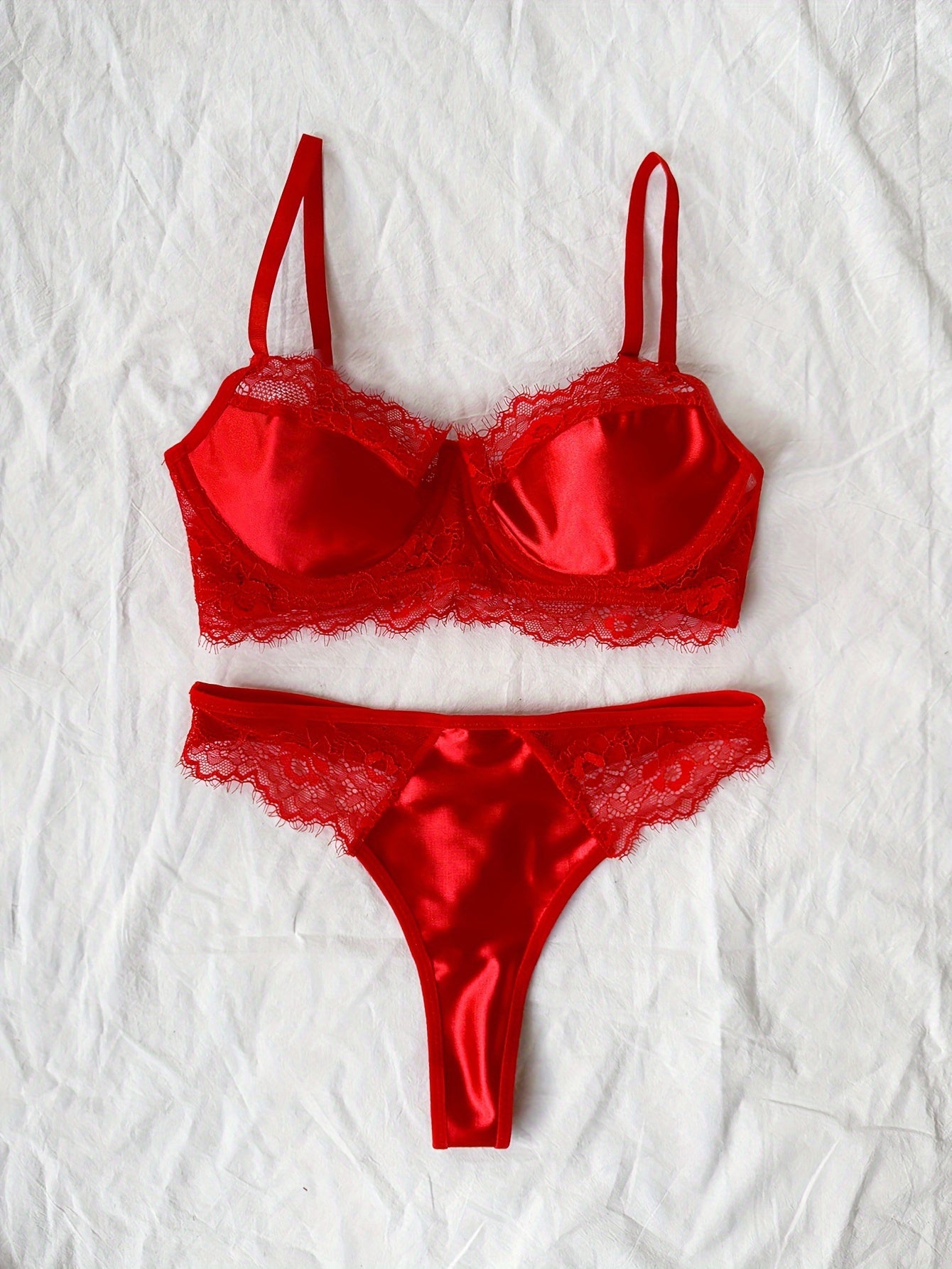 Women's Lace Satin Longline Underwire Bra and Thong Set for Valentine's Day