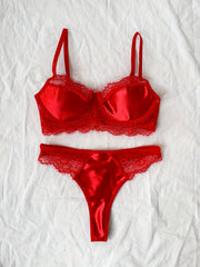 Women's Lace Satin Longline Underwire Bra and Thong Set for Valentine's Day