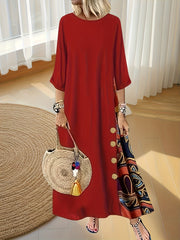 Women's Color Block Long Sleeve Dress with Crew Neck and Button Details for Fall Winter Spring