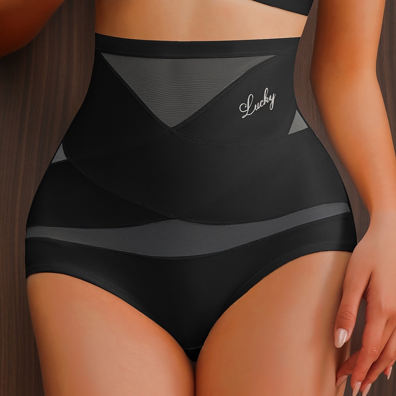 Panties de mujer de cintura alta, transpirables, control de abdomen, con estampado de letras y detalles cruzados