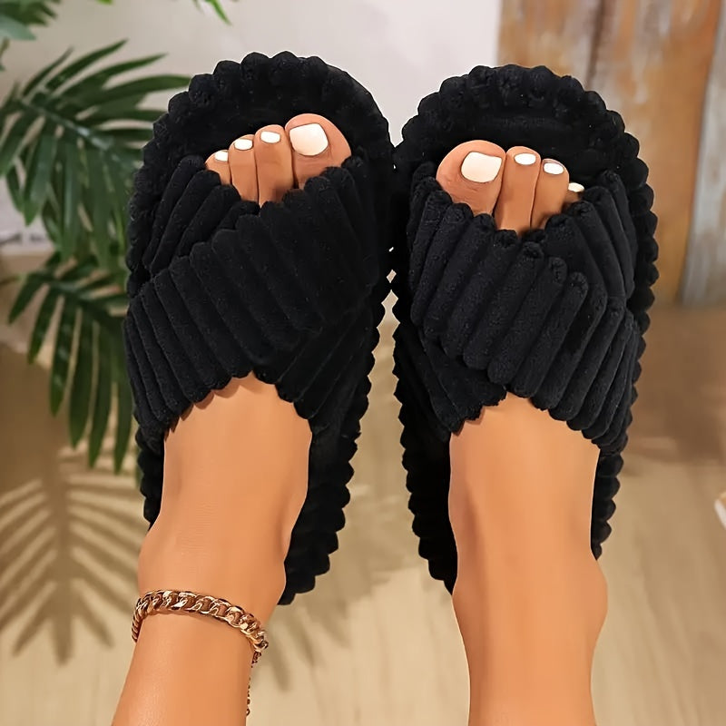 Women's Plush Slippers Soft Comfortable Indoor Shoes Striped Casual