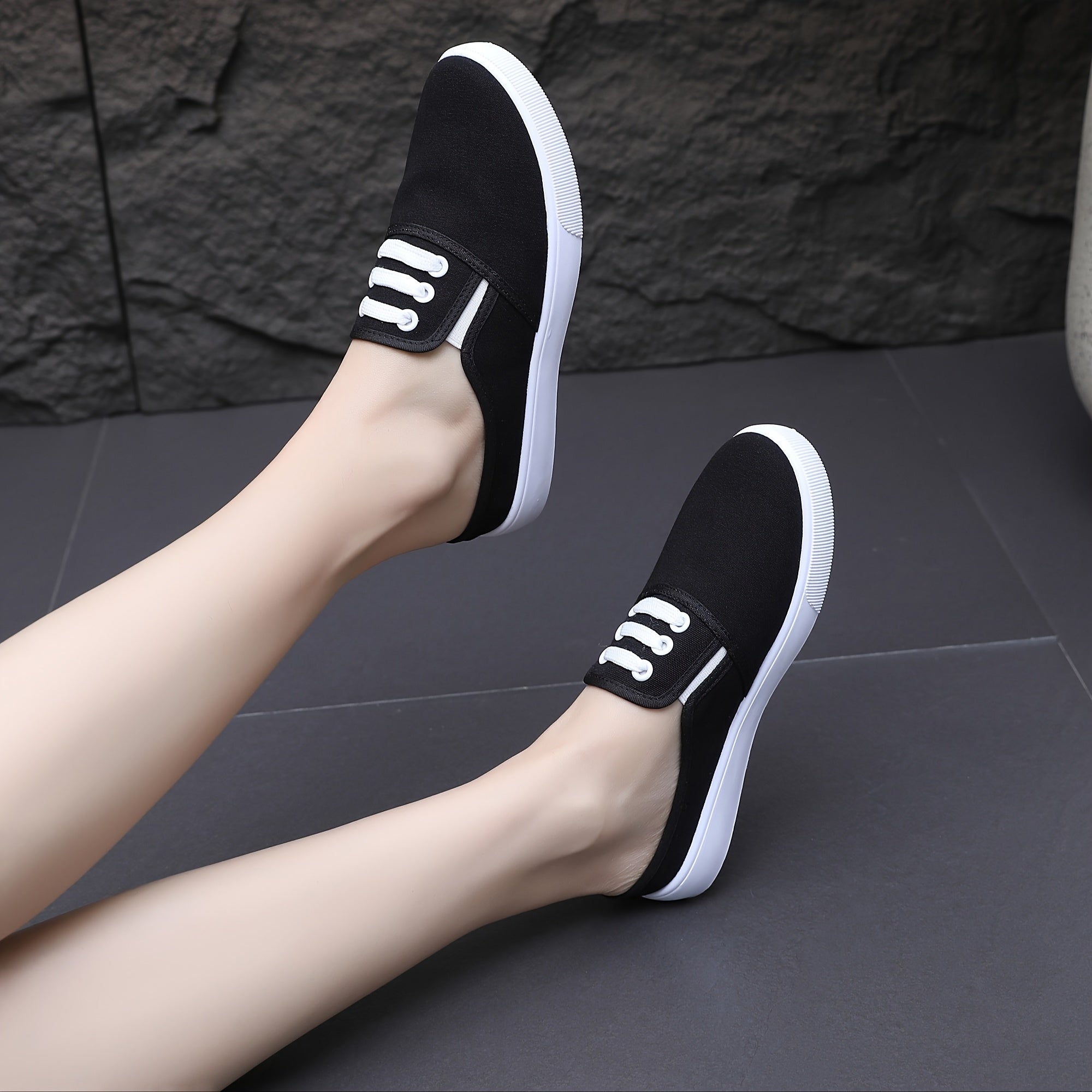 Women's Casual Slip-On Sneakers Breathable Fabric Black White Lightweight