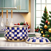 Enamel Saucepan with Lid Blue and White Checker Pattern 8.66-Inch Large Capacity Soup Pot