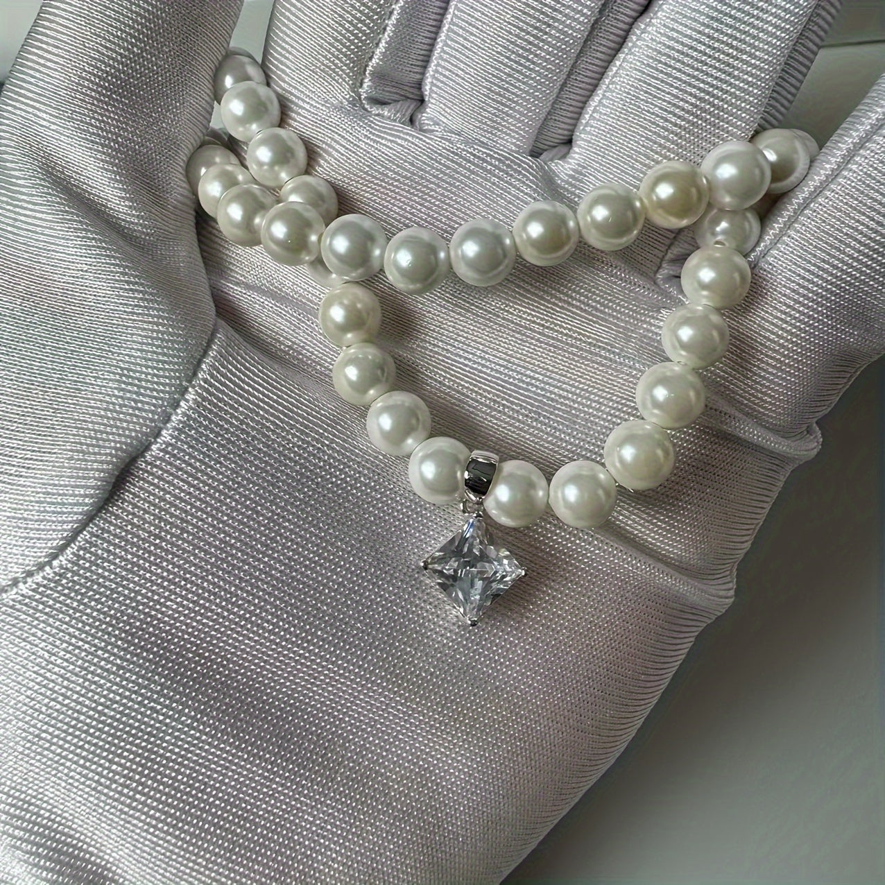 Princess Cut Pendant Necklace with Natural Pearl Beads and Moissanite in Sterling Silver and Gold Plating