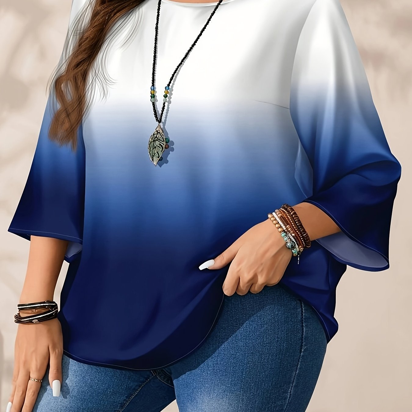 Plus Size Women's Gradient Blouse Office Wear Mid-Length Three-Quarter Sleeves Polyester