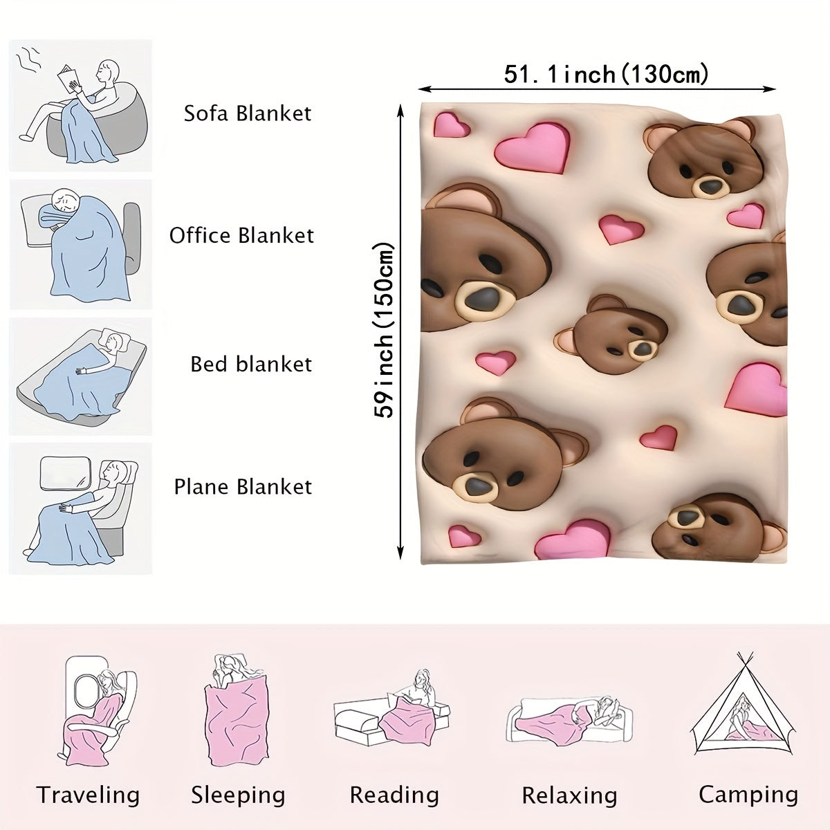 Soft Bear-Patterned Fleece Blanket for Kids and Adults, Cozy and Comfortable