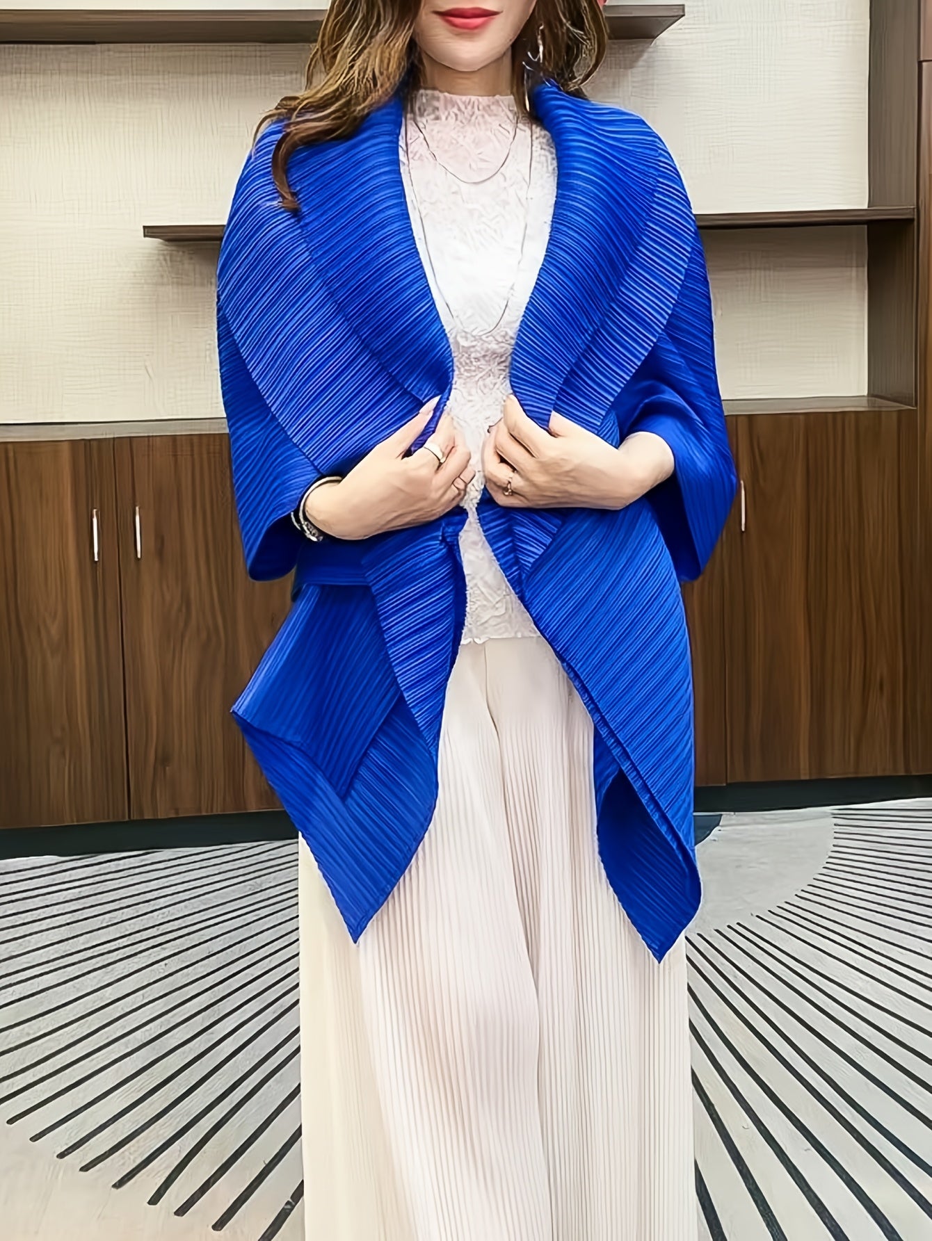 Plus Size Women's Blue Ribbed Cardigan Open Front Short Jacket Spring Fall Casual Formal