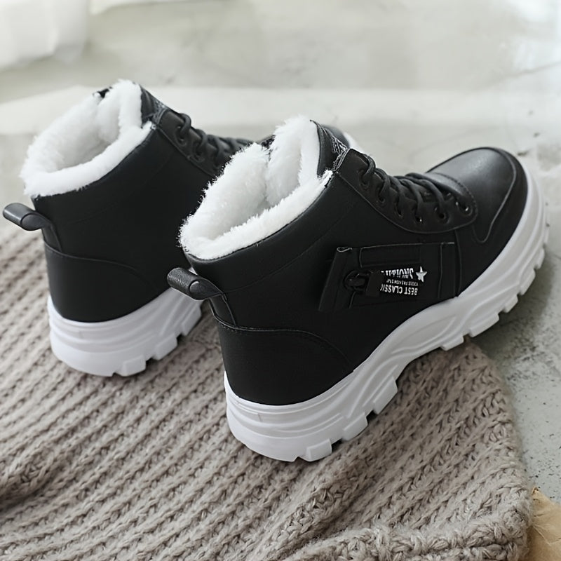 Women's Plush-Lined Ankle Boots Thermal Insulation Winter Slip-On Black White