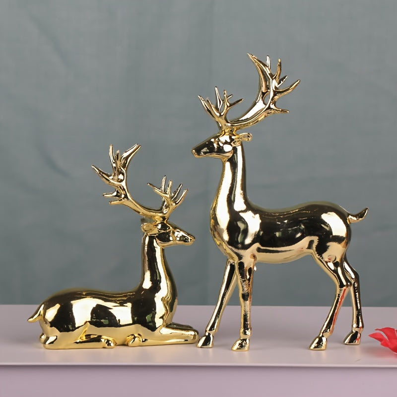 Gold-Plated Christmas Reindeer Statues for Home Decor and Holiday Tabletop Displays