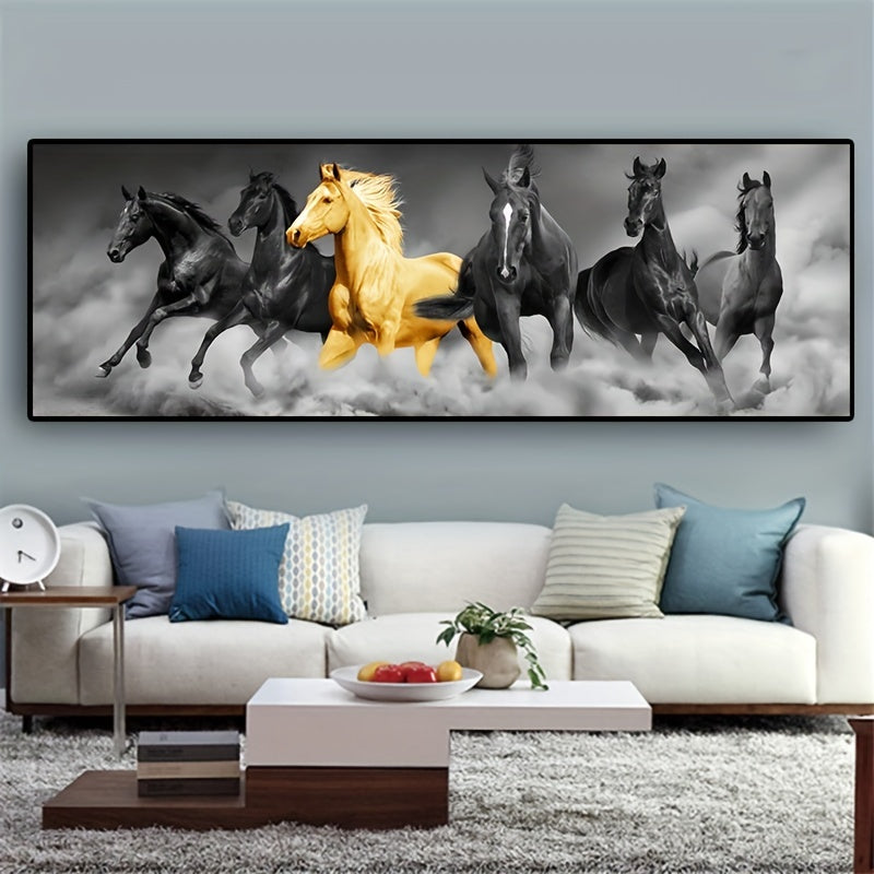 Golden Six Running Horses Canvas Wall Art for Animal Lovers and Home Decor