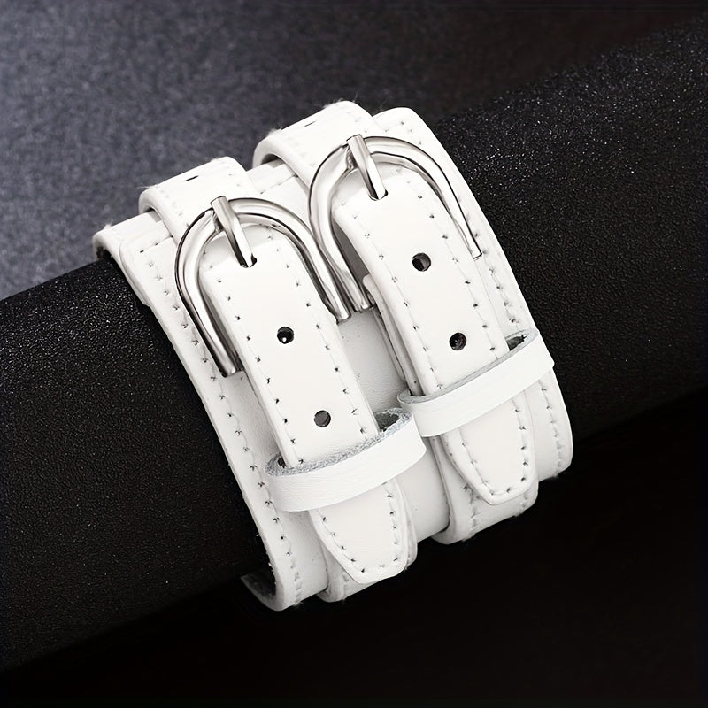 Men's Punk PU Leather Bracelet with Double Buckle and Adjustable Fit